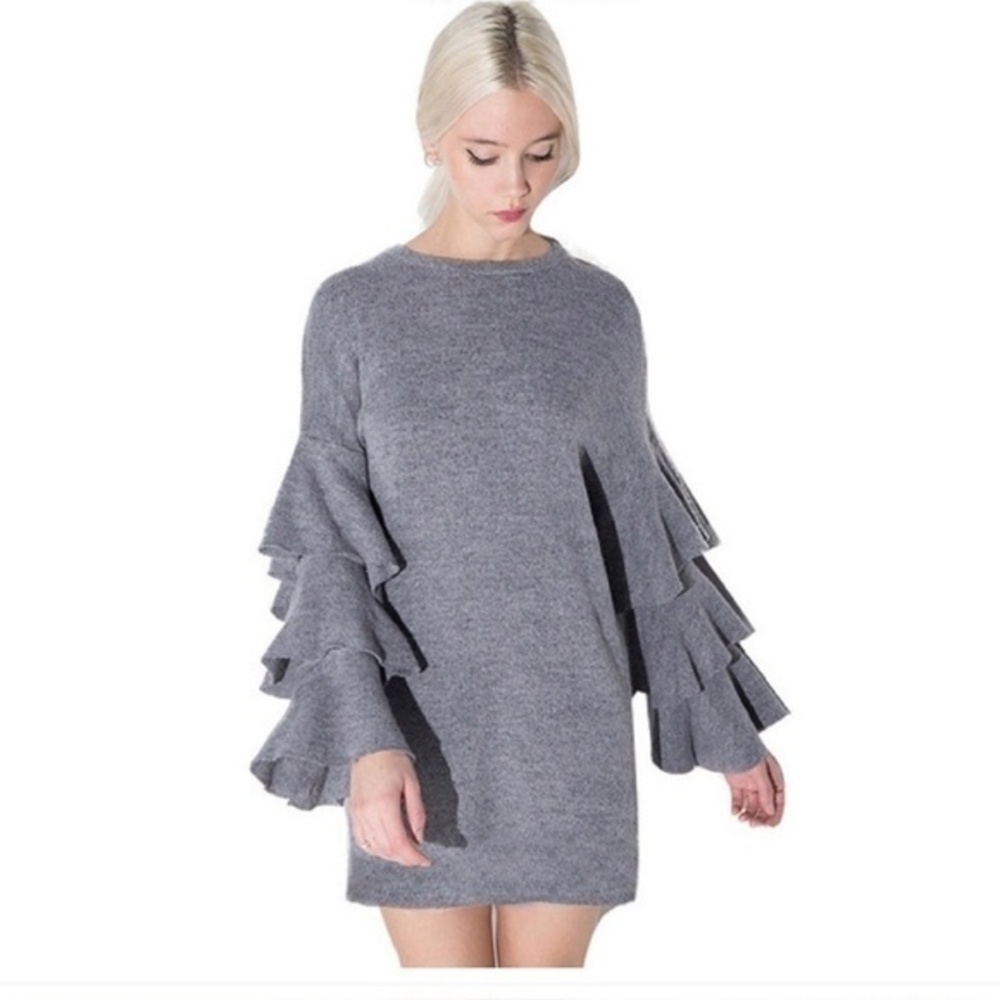 💜 GRAY LAYERED RUFFLE DRESS LONG  SLEEVE SUPER SOFT SWEATER‎ DRESS - Picture 3 of 8